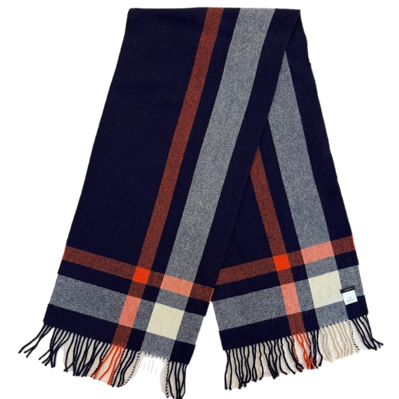 J.Crew 100% Wool Plaid Scarf – Navy, Orange & Cream - 15" x 66 - Picture 4 of 9